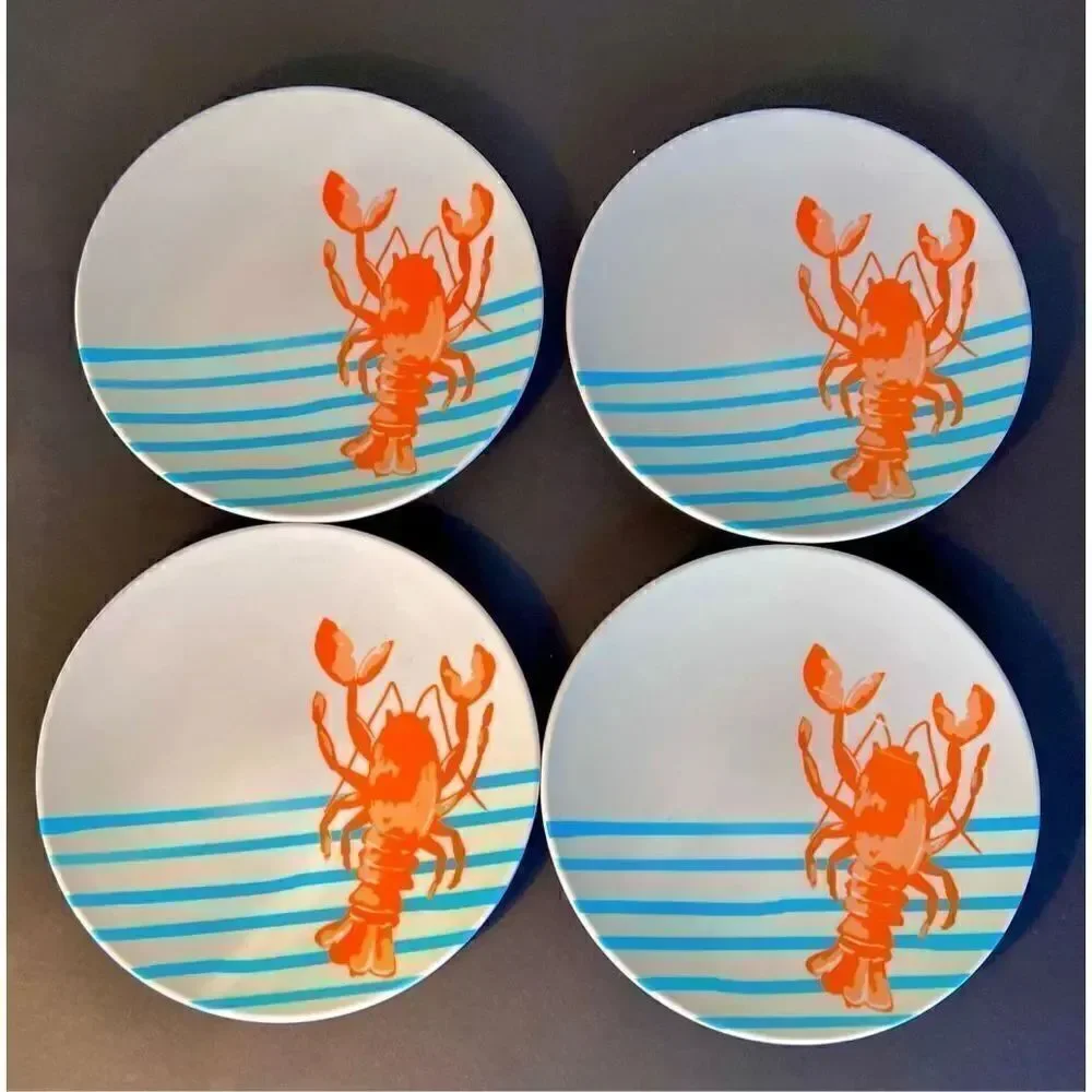 4-PIECE MELAMINE PLASTIC SET APPETIZER PLATES LOBSTER AQUA STRIPE DESIGN